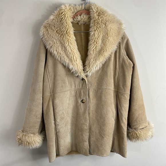 Vintage Penny Lane Wilsons Tan‎ Suede Leather Faux Fur Collar Jacket Coat Sz L - Picture 3 of 15